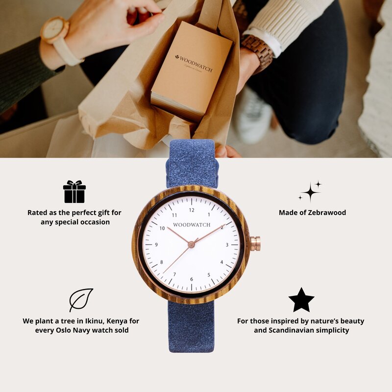Il NORDIC Oslo Navy è dotato di una scocca in legno zebrano da 36 mm con un quadrante bianco e dettagli in oro rosa. Fatto a mano da legno ricavato in modo sostenibile combinato con un cinturino blu in pelle vegan, eco-friendly e ultra-morbido.
