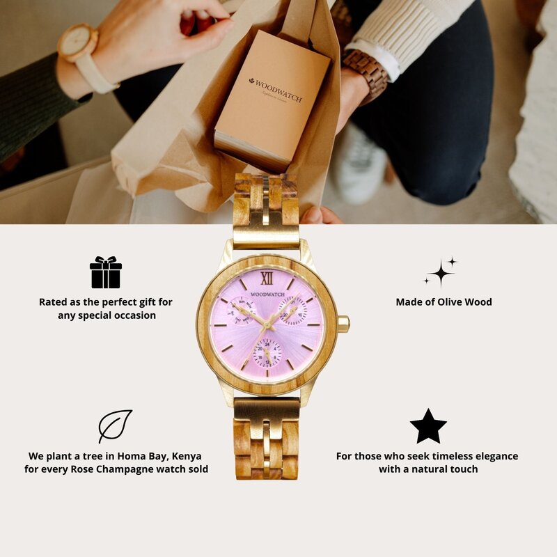 The Radiance Rose Champagne is crafted from olive wood and stainless steel brushed gold, featuring a light pink dial and brushed gold metal details.