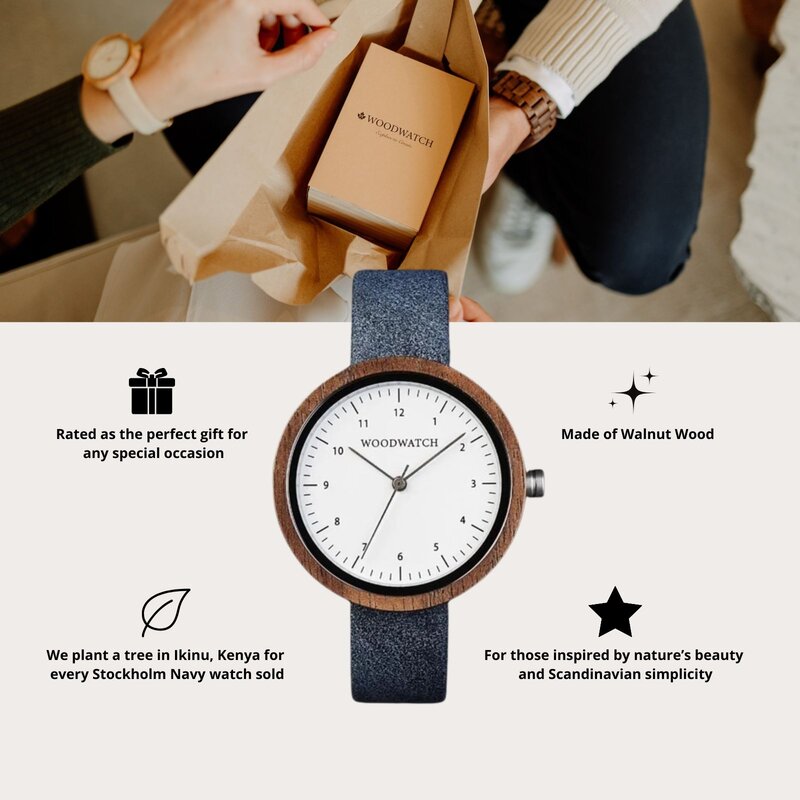 Inspirerad av modern nordisk minimalism NORDIC Stockholm Navy har detaljer i valnötsboett med vit urtavla och silver som är 36 mm i diameter. Handtillverkade av hållbart framställt trä kombinerat med ett ultramjukt marinblått vegansk läderband.