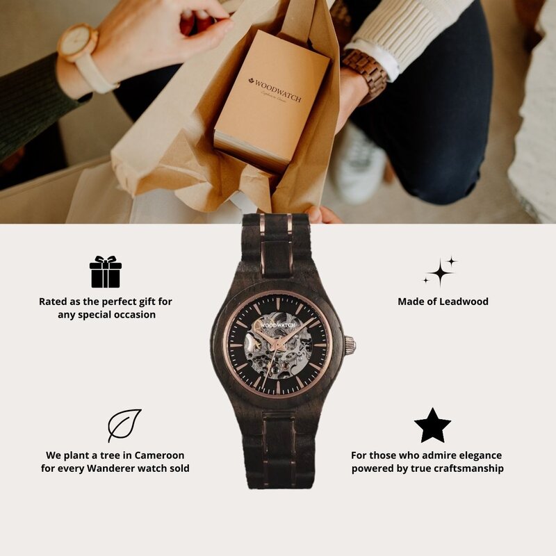 El AUTOMATIC Wanderer cuenta con un movimiento mecánico automático de cuerda automática con 36 horas de reserva de marcha. Se crea una experiencia óptica distintiva a través de la caja de 33 mm con un bisel de oro rosa y una esfera negra con un corazón p