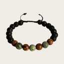 Made with rosewood beads, volcanic beads, dark green natural stone beads, and a matte black brass closure. Adjustable, with 8mm beads to fit most wrist sizes.