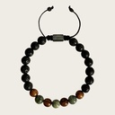 Made with rosewood beads, volcanic beads, dark green natural stone beads, and a matte black brass closure. Adjustable, with 8mm beads to fit most wrist sizes.