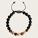 Made with rosewood beads, volcanic beads, dark green natural stone beads, and a matte black brass closure. Adjustable, with 8mm beads to fit most wrist sizes.