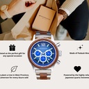 Apex Elite: Sophisticated wooden watches for men. Features Japanese Movement, chronograph, stainless steel, natural wood, blue dial. Durable and stylish.