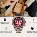 Apex Elite: Sophisticated wooden watches for men. Features Japanese Movement, chronograph, stainless steel, natural wood, red dial. Durable and stylish.