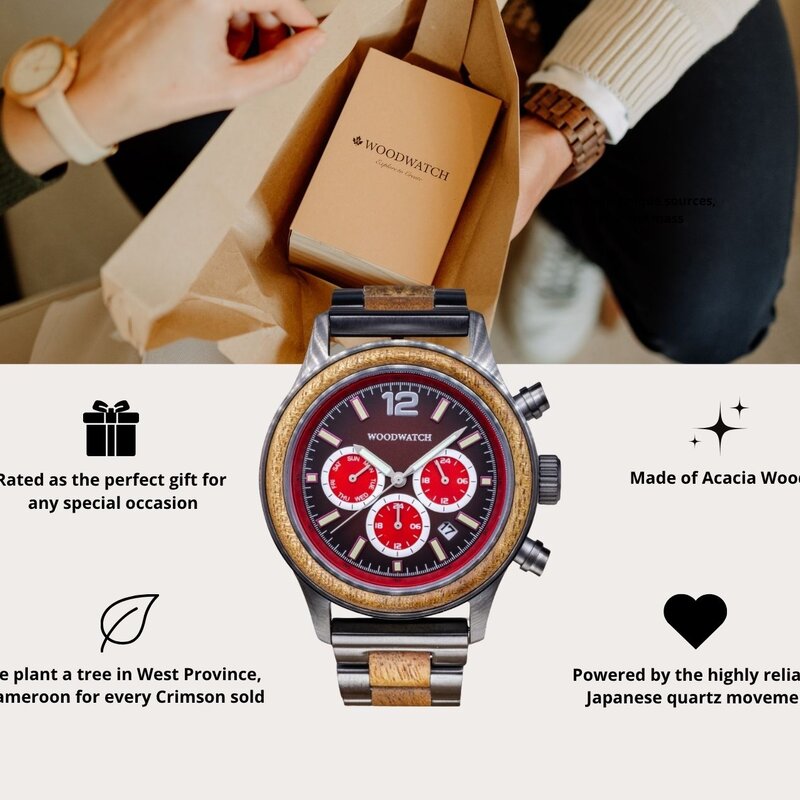 Apex Elite: Sophisticated wooden watches for men. Features Japanese Movement, chronograph, stainless steel, natural wood, red dial. Durable and stylish.