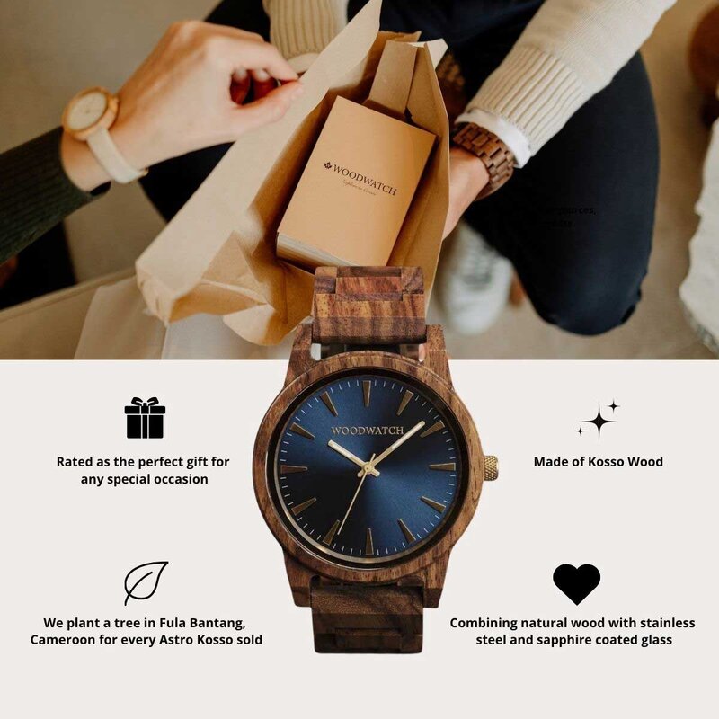 The Astro Kosso features a modernized minimal blue dial with bold details in a 45mm case. A wrist essential combining natural wood with stainless steel and sapphire coated glass. The Astro Kosso is handmade from natural Kosso wood from East Africa.