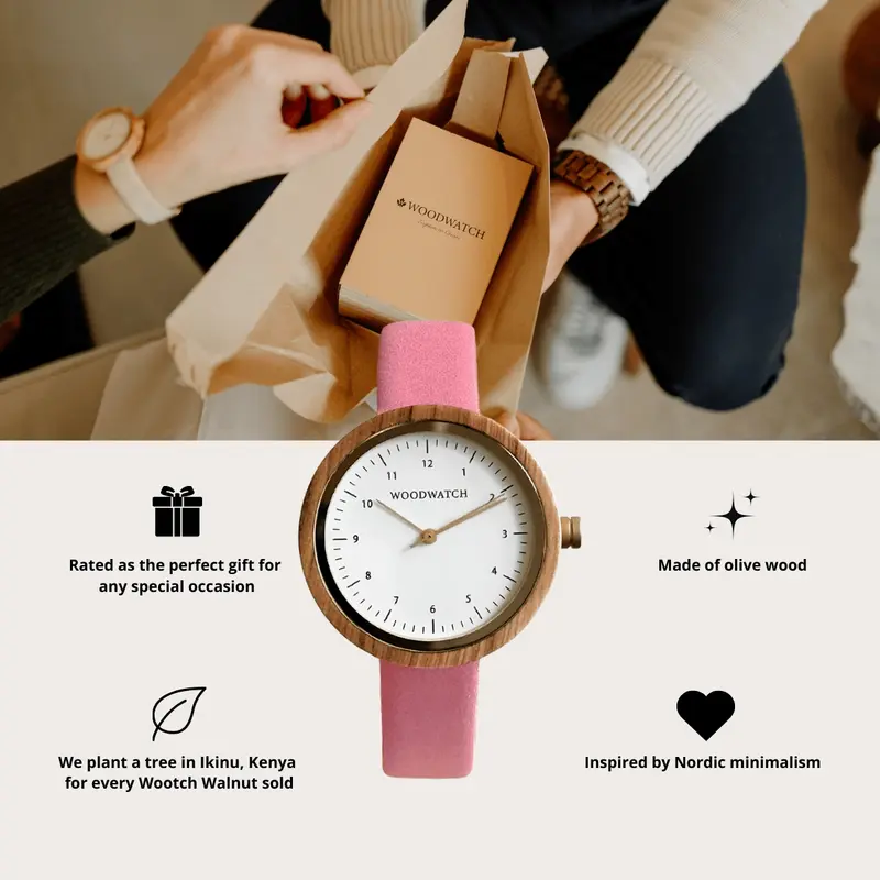 Inspired by contemporary Nordic minimalism. The NORDIC Copenhagen features a 36mm diameter white olive wood case with a white dial and gold details. Handmade from sustainably sourced wood and combined with an ultra soft beige sustainable vegan leather str