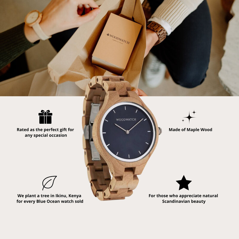 The AURORA Collection breaths the fresh air of Scandinavian nature and the astonishing views of the sky. This light weighing watch is made of Canadian Maplewood, accompanied by a blue stainless-steel dial with silver details.<br />
The watch is available with