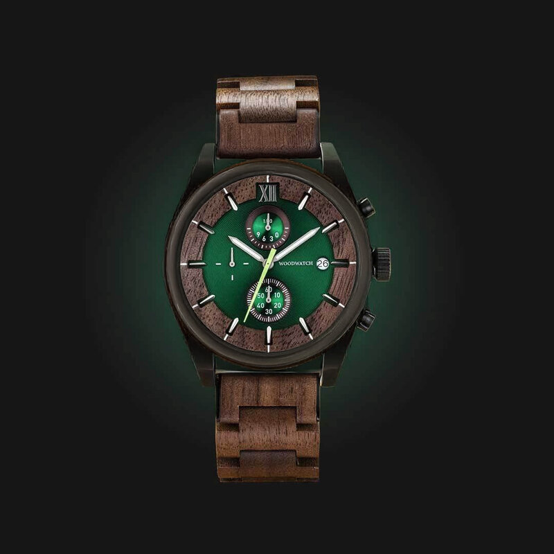 Verdant is made of Acacia wood, featuring a green dial.