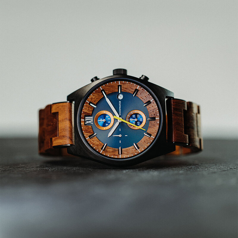 Oceanic is made of Kosso wood, featuring a blue dial.