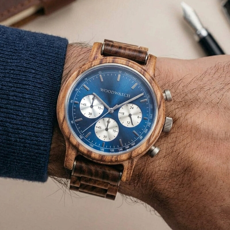 El Chrono Mariner Kosso está hecho de madera kosso y cuenta con una esfera azul de doble capa con detalles plateados.