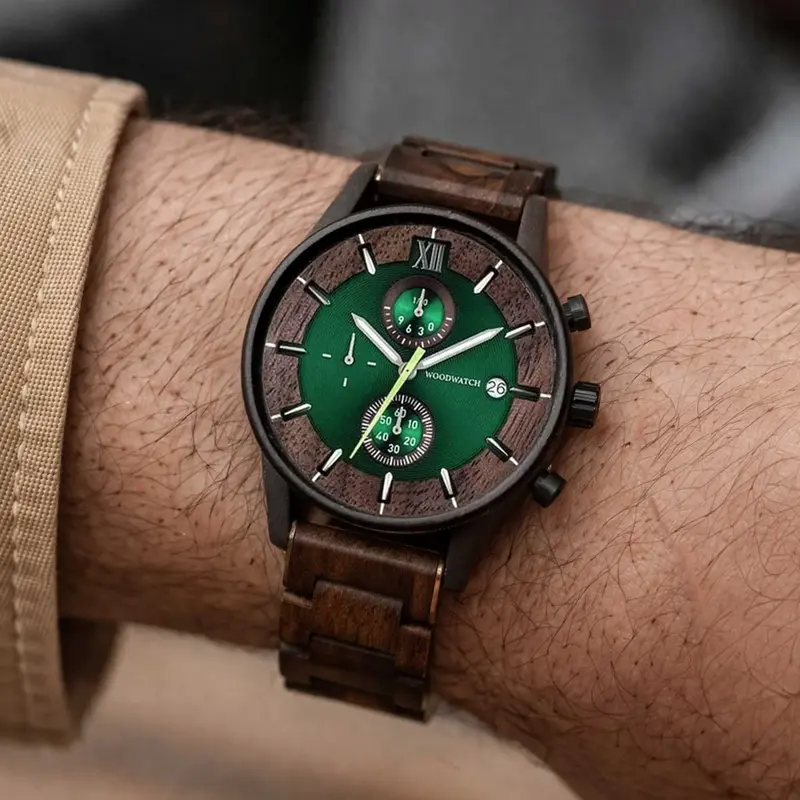 Verdant is made of Acacia wood, featuring a green dial.
