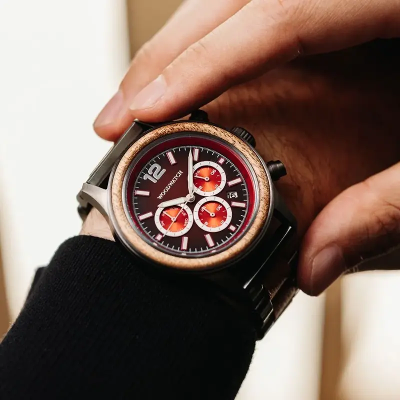 Apex Elite: Sophisticated wooden watches for men. Features Japanese Movement, chronograph, stainless steel, natural wood, red dial. Durable and stylish.
