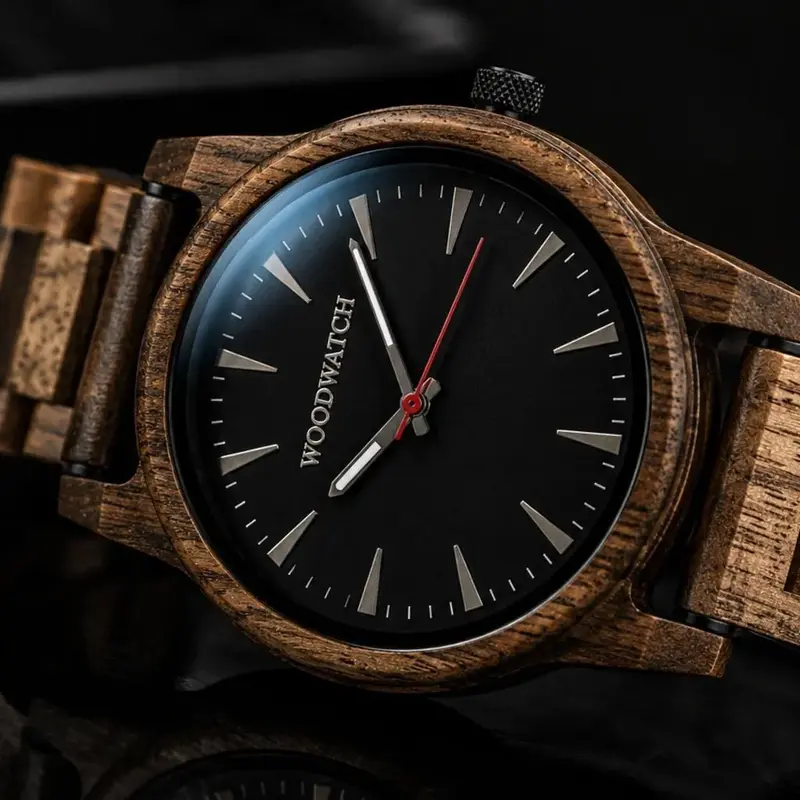 Aus Akazienholz in liebevoller Handarbeit hergestellt besticht die Aero Acacia durch ihr minimalistisches Design. Unter saphirbeschichtetem Glas befindet sich ein modernes, schwarzes Ziffernblatt, das von einem Gehäuse aus Naturholz mit 45 mm Durchmesser
