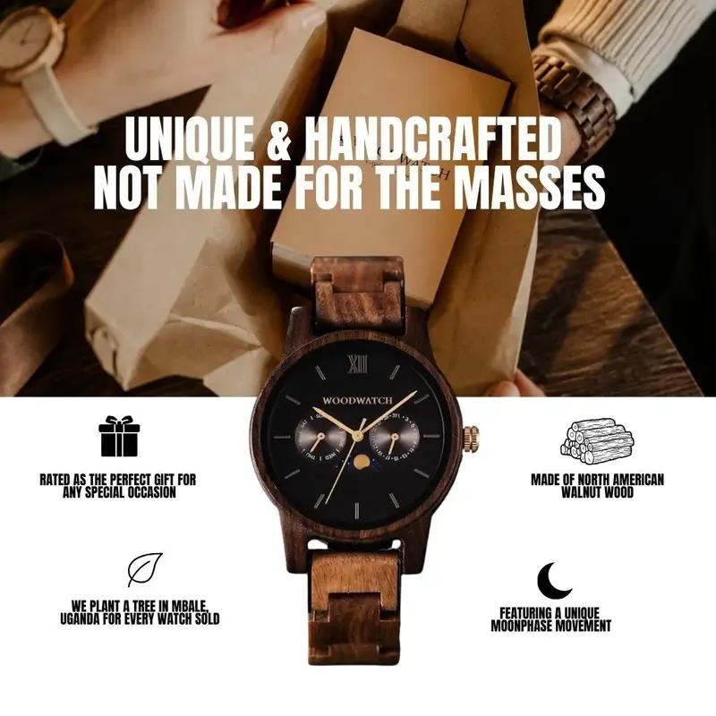 De CLASSIC Collectie vernieuwt de esthetiek van een WoodWatch op een stijlvolle manier. De dunne behuizing heeft een klassieke uitstraling en kenmerkt zich met een maankalender uurwerk en twee extra subdials met week- en maandaanduiding. De CLASSIC Dark F