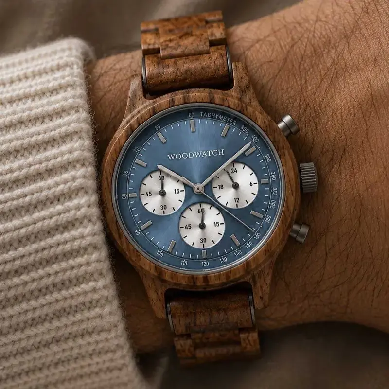 The Chrono Mariner Kosso is made from kosso wood and features a double layered blue dial with silver details.