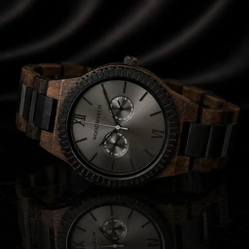 This premium designed watch combines unique new wood types with a luxurious stainless steel dial and backplate. At the heart of the timepiece comes an all new multi-function movement that includes two extra subdials featuring a week and month display. The