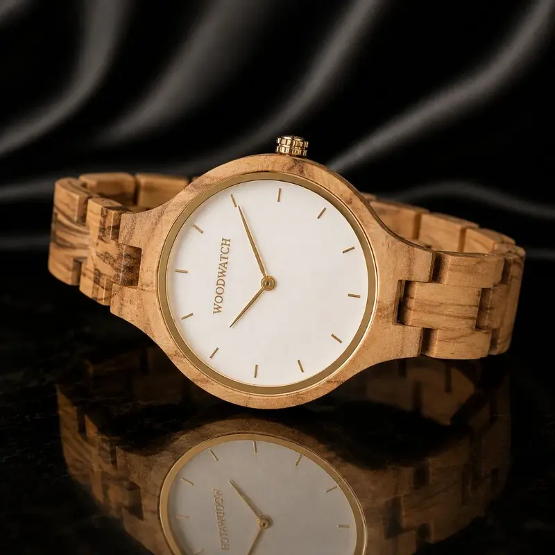 La colección AURORA transpira el aire fresco de la naturaleza escandinava y los espectaculares cielos. Este liviano reloj está hecho de Madera de Olivo Europeo, y va acompañado de una ligera esfera de acero inoxidable con un toque dorado y detalles en dor