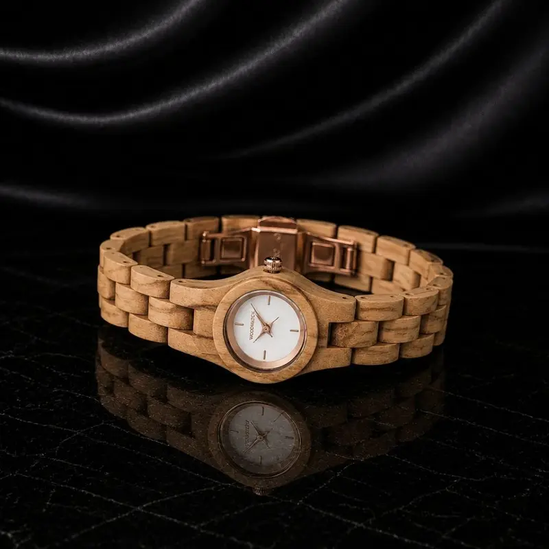 Het Blossom horloge uit de FLORA Collectie bestaat uit zacht olijfhout dat met de hand tot een slank ontwerp is vervaardigd. De wijzerplaat is gemaakt van een geborsteld crèmekleurige wijzerplaat van roestvrij staal dat licht glimt in de zon. Ook heeft de