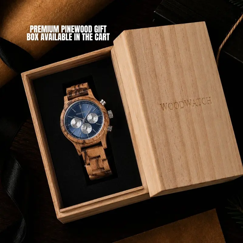 Die Chrono Mariner Kosso ist aus Kosso-Holz gefertigt und verfügt über ein doppelschichtiges, blaues Zifferblatt mit silbernen Details.