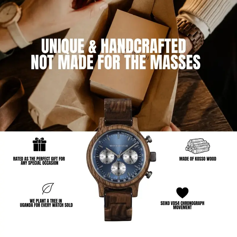 Die Chrono Mariner Kosso ist aus Kosso-Holz gefertigt und verfügt über ein doppelschichtiges, blaues Zifferblatt mit silbernen Details.