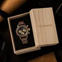 The Chrono Sailor Walnut is made from natural walnut wood and features a double layered deep blue dial with golden details.