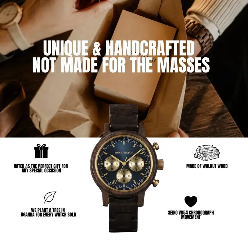 The Chrono Sailor Walnut is made from natural walnut wood and features a double layered deep blue dial with golden details.