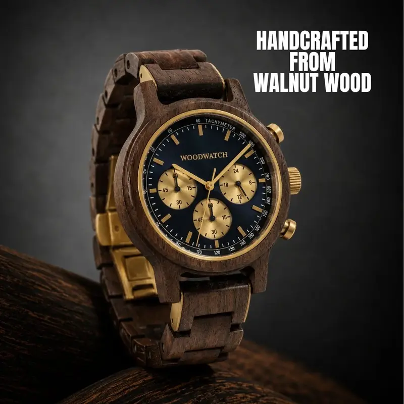 The Chrono Sailor Walnut is made from natural walnut wood and features a double layered deep blue dial with golden details.