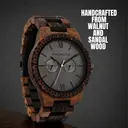 This premium designed watch combines unique new wood types with a luxurious stainless steel dial and backplate. At the heart of the timepiece comes an all new multi-function movement that includes two extra subdials featuring a week and month display. The
