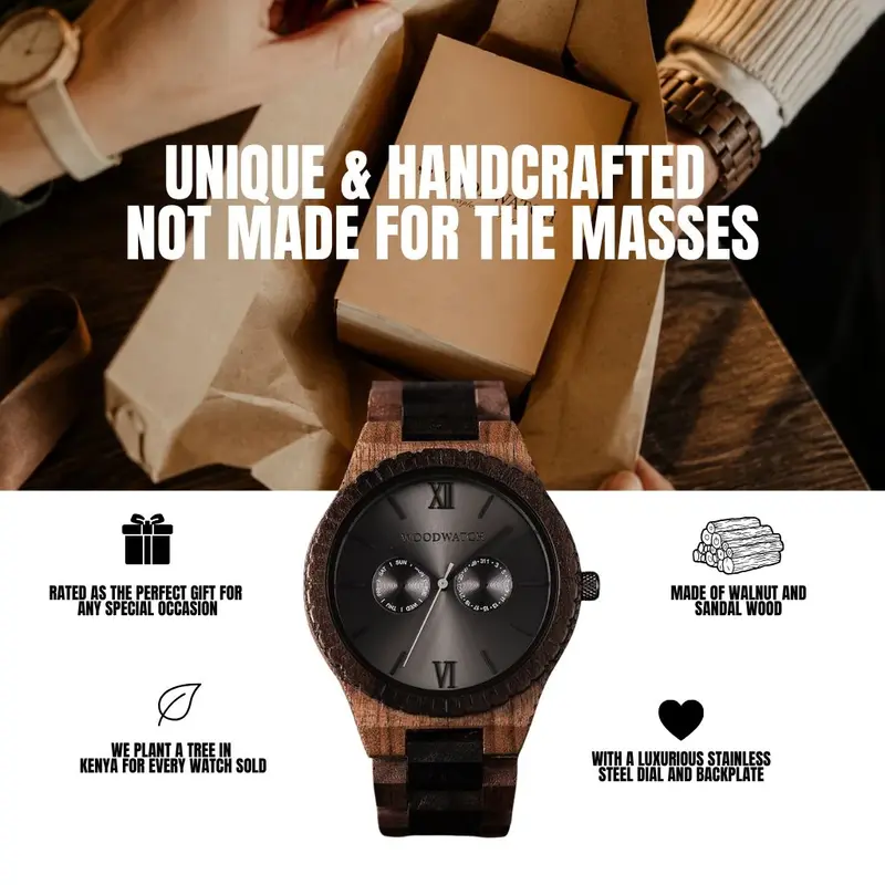 This premium designed watch combines unique new wood types with a luxurious stainless steel dial and backplate. At the heart of the timepiece comes an all new multi-function movement that includes two extra subdials featuring a week and month display. The
