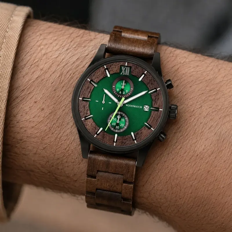 Verdant is made of Acacia wood, featuring a green dial.