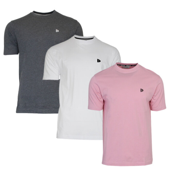 Donnay Heren - 3-Pack - T-Shirt Vince - Donkergrijs/Wit/Candy Pink