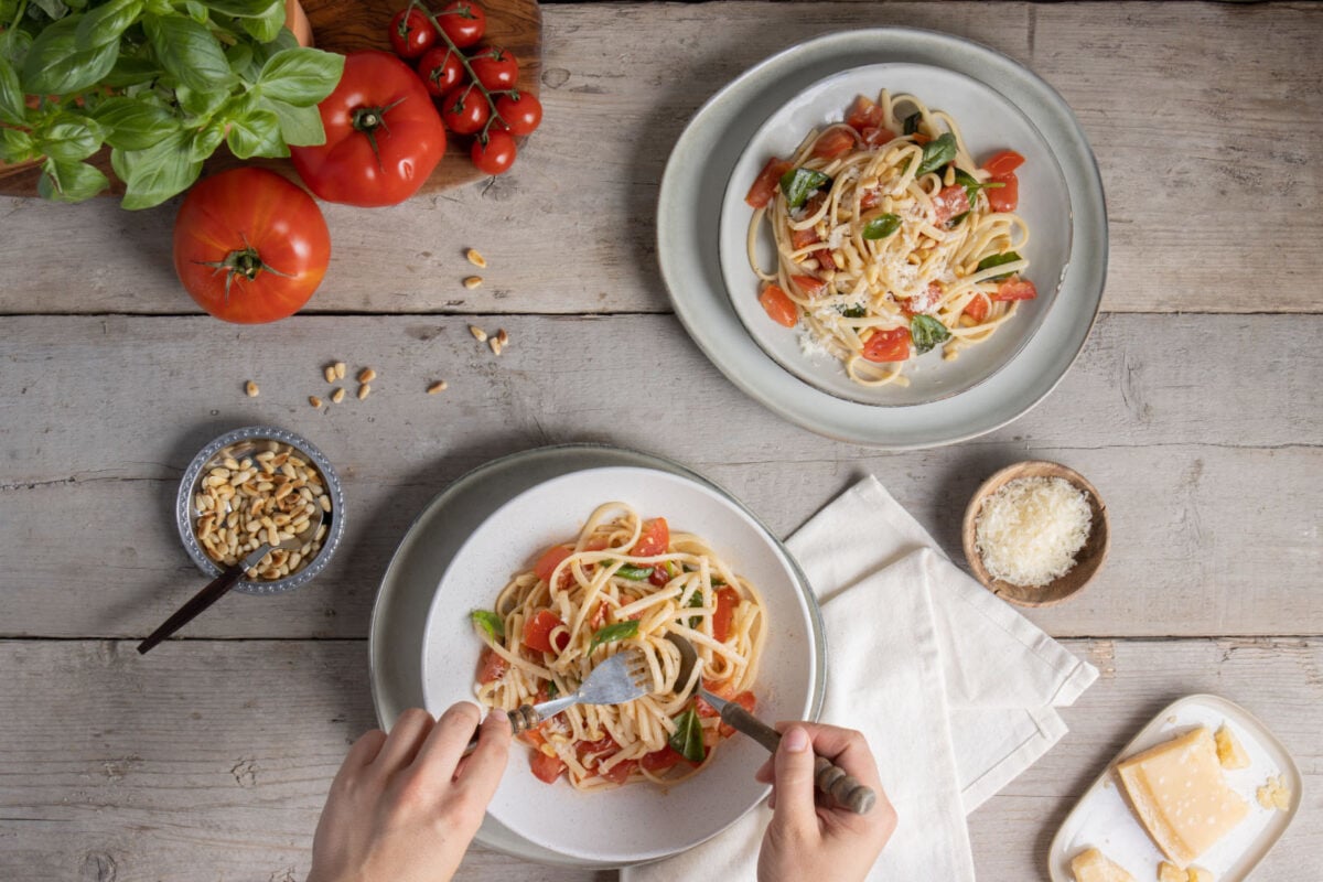 Pasta alla checca met Biscardo Rosapasso Pinot Nero Rosato