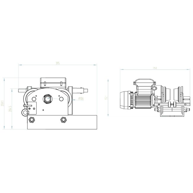 Elektrische takel 200 - 400 kg. hefvermogen met electr. trolley en draadloze afst. bed.
