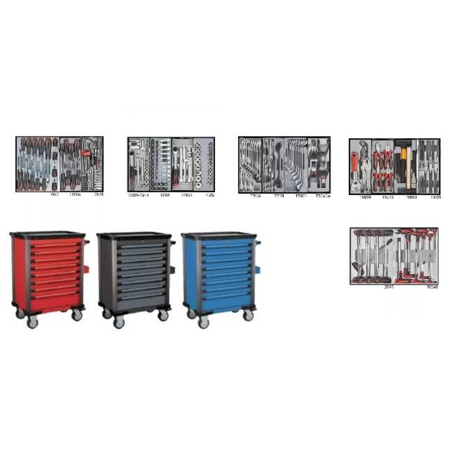 Gereedschapswagen 8-laden 258 delig. In rood, blauw of zwart. Force 10218-258