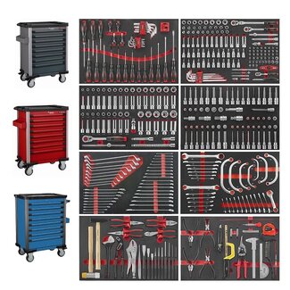 Force Gereedschapswagen 8-lades 415 delig FOAM Zwart, Blauw of Rood. Force 10218-415