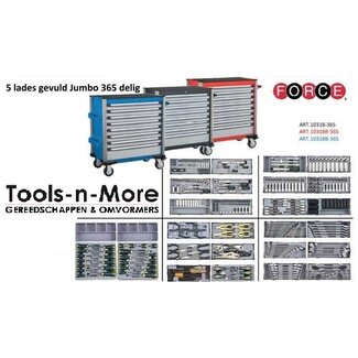 Force Gereedschapswagen Jumbo 8-lades 365 delig Zwart, Blauw of Rood. Force 10318-365