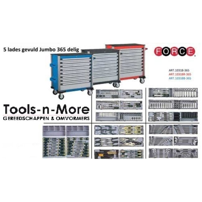 Force Gereedschapswagen Jumbo 8-lades 365 delig Zwart, Blauw of Rood. Force 10318-365