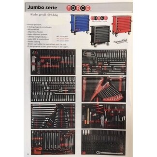 Force Gereedschapswagen Jumbo 8-lades 610 delig FOAM Zwart, Blauw of Rood. Force 10318-610