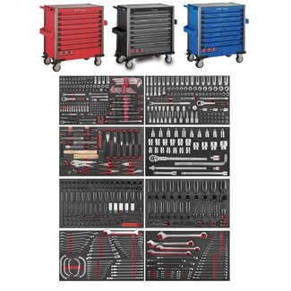 Force Gereedschapswagen Jumbo 8-lades 607 delig FOAM Zwart, Blauw of Rood. Force 10318-607