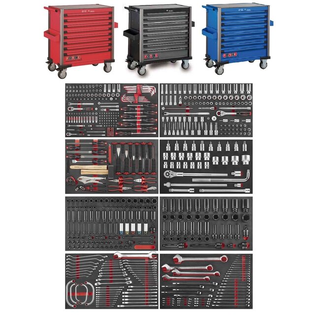 Force Gereedschapswagen Jumbo 8-lades 607 delig FOAM Zwart, Blauw of Rood. Force 10318-607