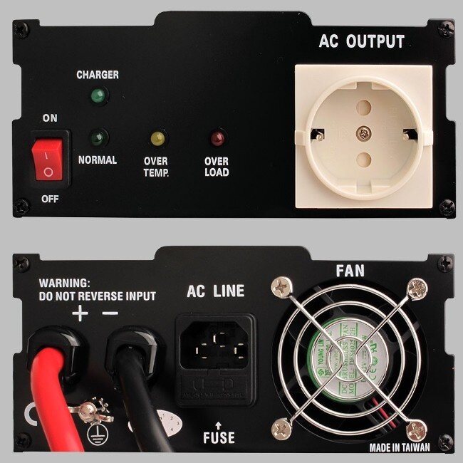 Omvormer 12 naar 230 volt, 1200 watt continue, met ingeb. 10 Amp acculader