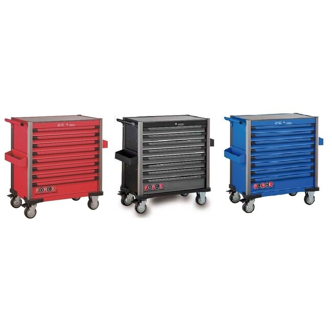 Force gereedschapswagen 10318, 298 delig gevuld (in foam inlays) in de kleuren, zwart, blauw of rood.