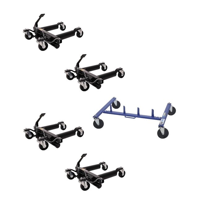 Automover / Car dolly's hydraulisch - set van 4 stuks - inclusief opbergrek