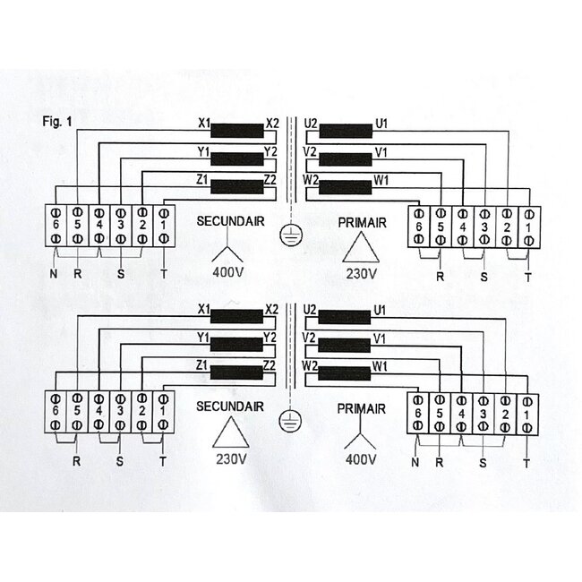 Scheidingstransformator 3-fase 230-400/230-400 V=N - in metalen omkasting IP23