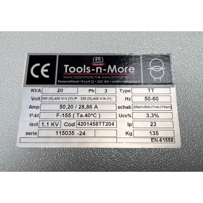 Scheidingstransformator 3-fase 230-400/230-400 V+N - 20 kVA - In kast IP23  (Lage inschakelstroom / Lage nullast)