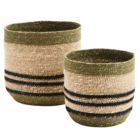 Madam Stoltz Set of 2 Striped Seagrass Baskets Olive, Black, Natural