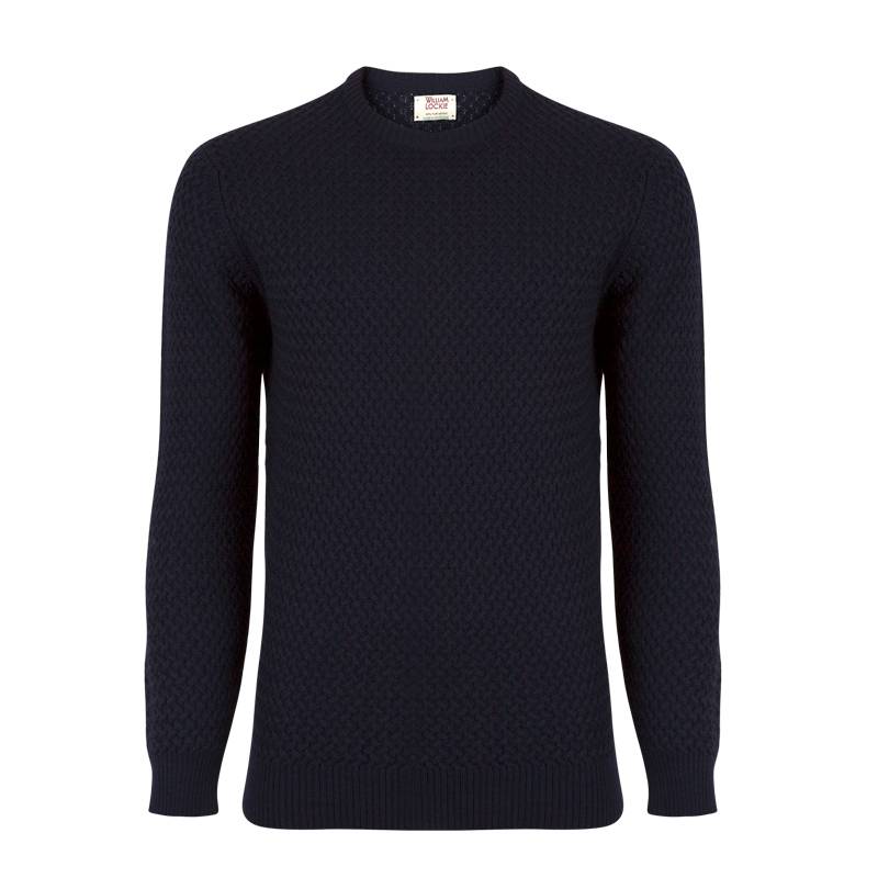 William Lockie Men's Sweater Dark Blue Interweave Merino Wool - Quality Shop