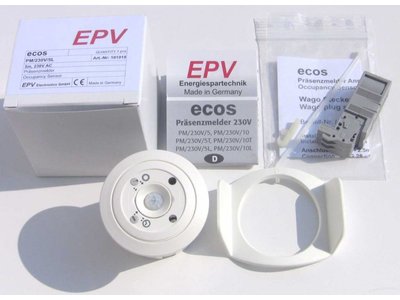 ecos 230V Präsenzmelder PM/230V/5 mit fester Nachlaufzeit 10 Min, OHNE Lichtmessung, für Höhen bis 5 Meter